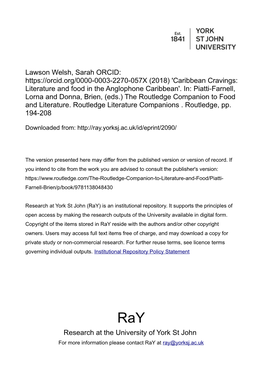 Lawson Welsh, Sarah ORCID: (2018) 'Caribbean Cravings: Literature and Food in the Anglophone Caribbean'