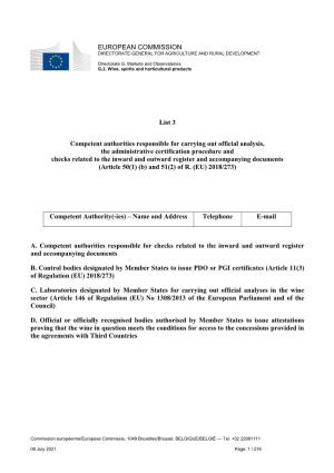 EUROPEAN COMMISSION List 3 Competent Authorities Responsible