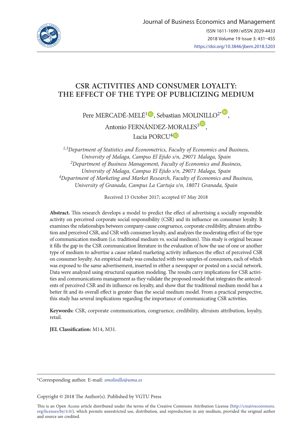 Csr Activities and Consumer Loyalty: the Effect of the Type of Publicizing Medium