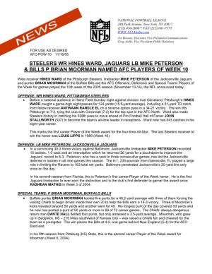 Steelers Wr Hines Ward, Jaguars Lb Mike Peterson & Bills P Brian Moorman Named Afc Players of Week 10
