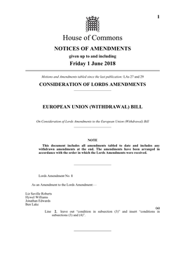 House of Commons NOTICES of AMENDMENTS Given up to and Including Friday 1 June 2018