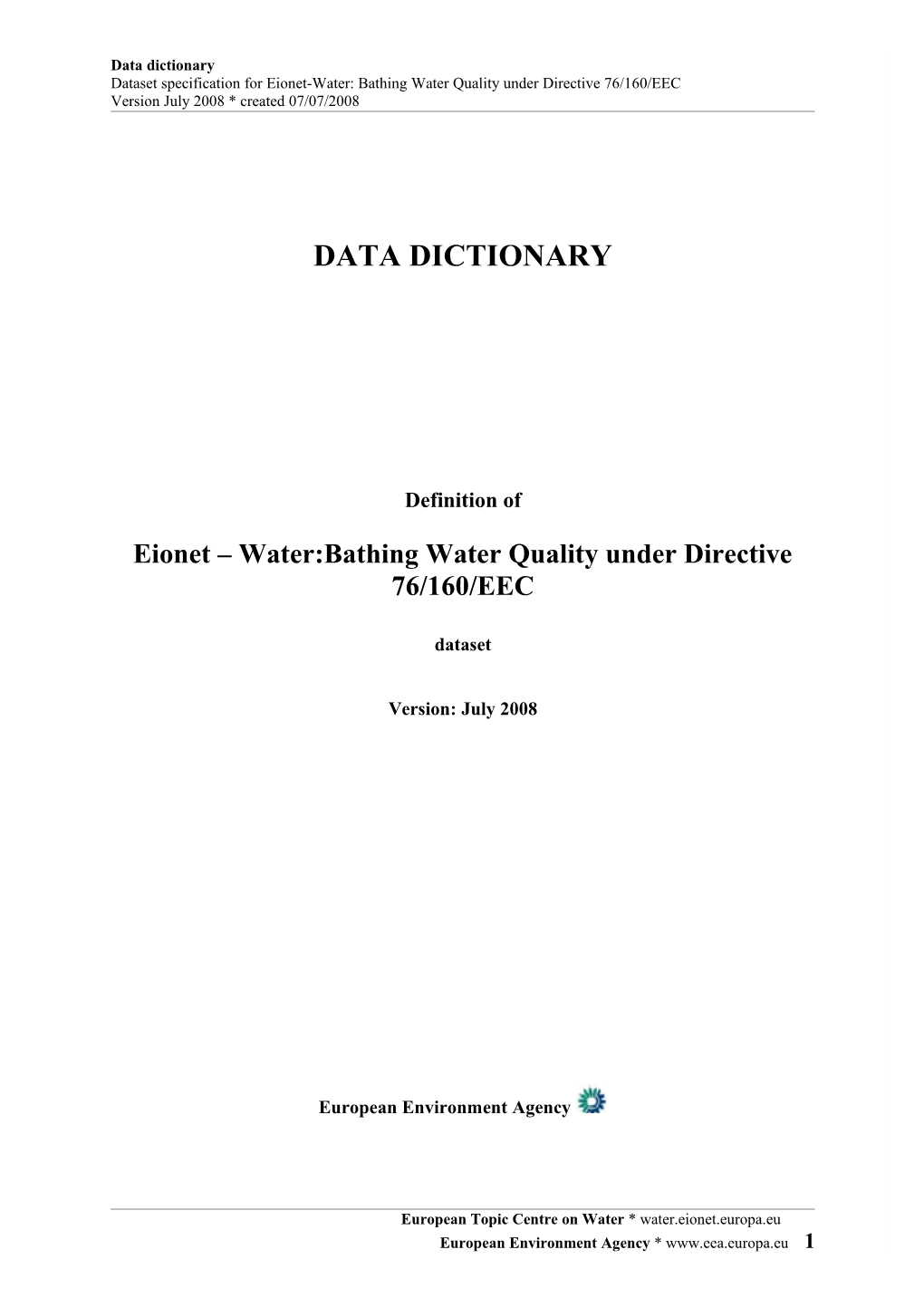 Dataset Specification for Eionet-Water: Bathing Water Quality Under Directive 76/160/EEC