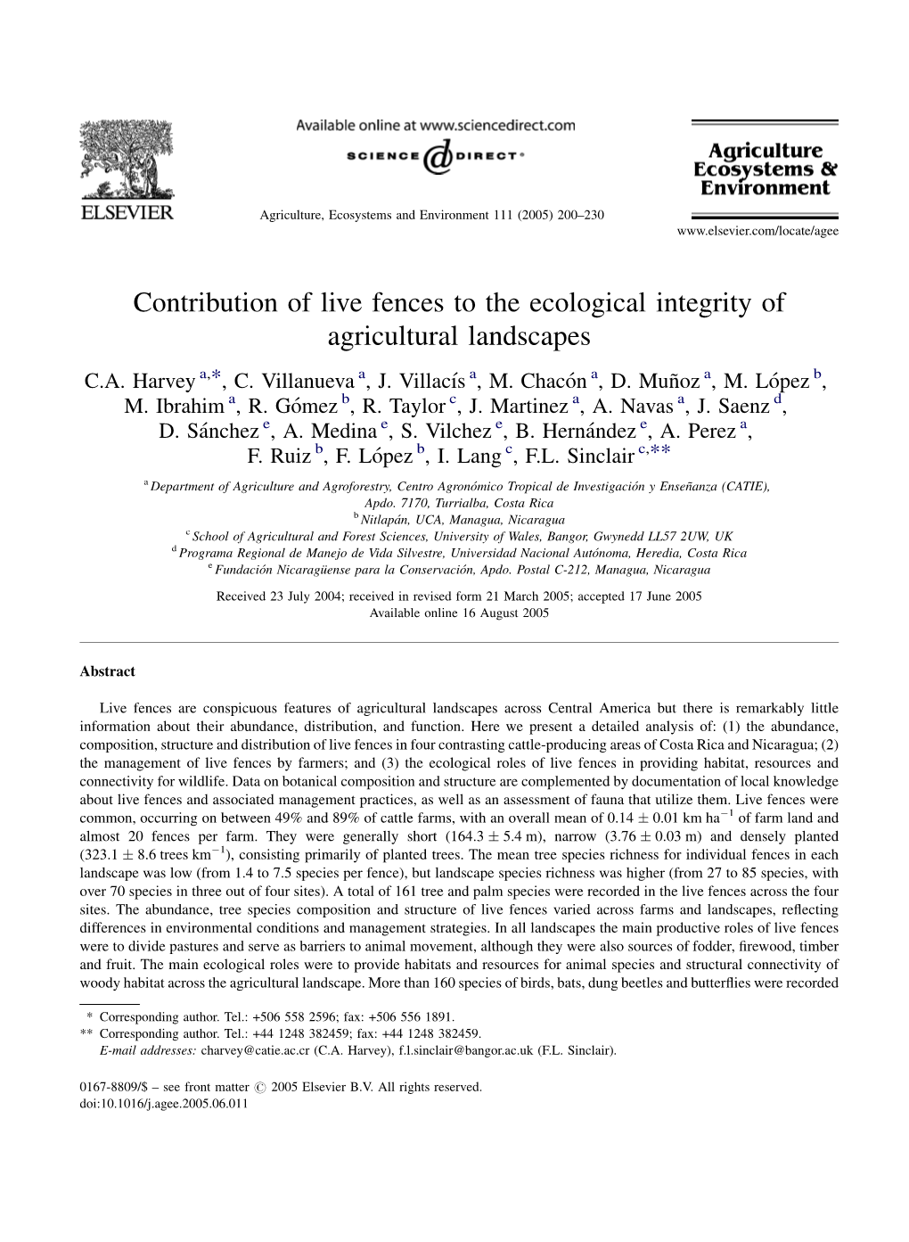 Contribution of Live Fences to the Ecological Integrity of Agricultural Landscapes C.A