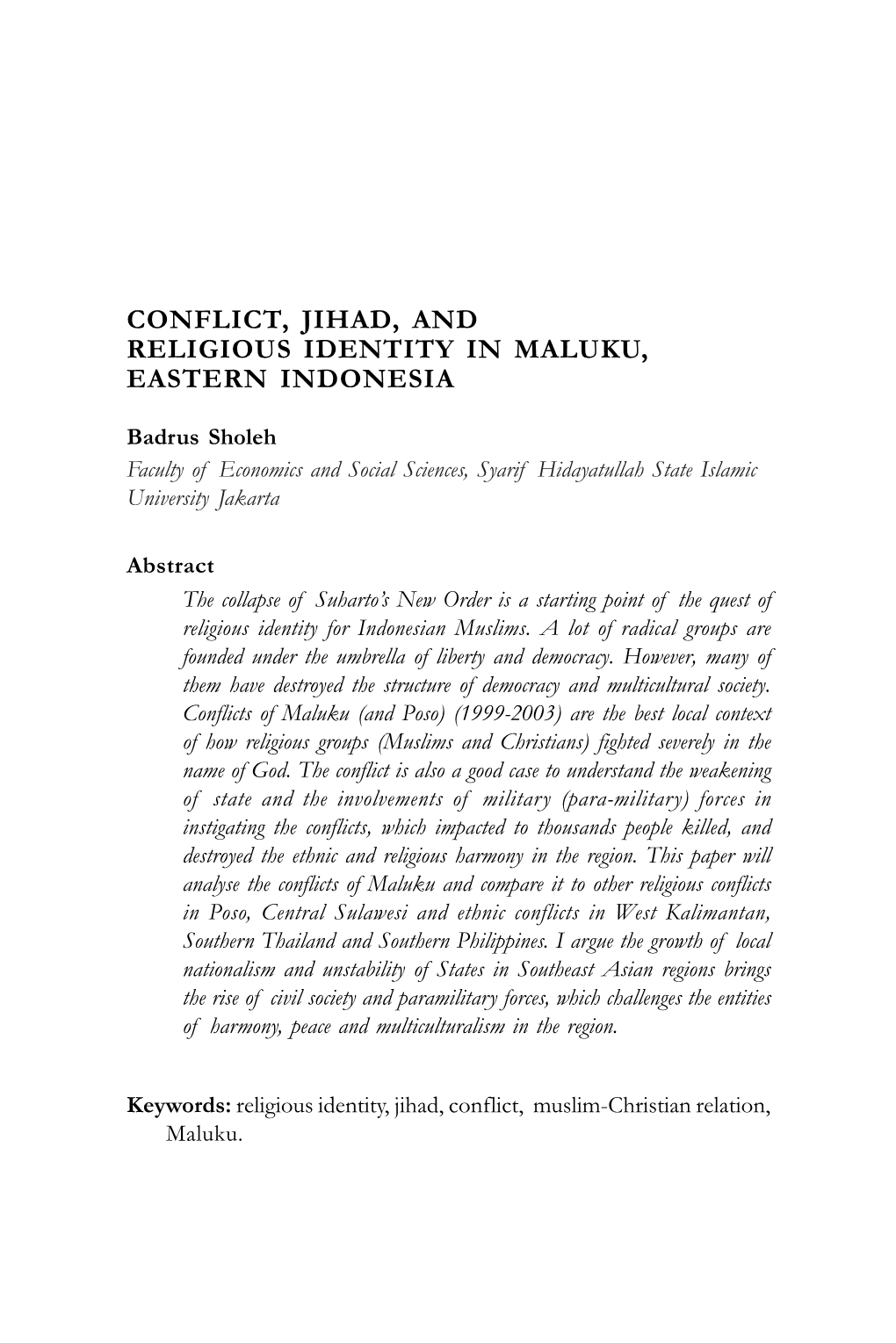Conflict, Jihad, and Religious Identity in Maluku, Eastern Indonesia