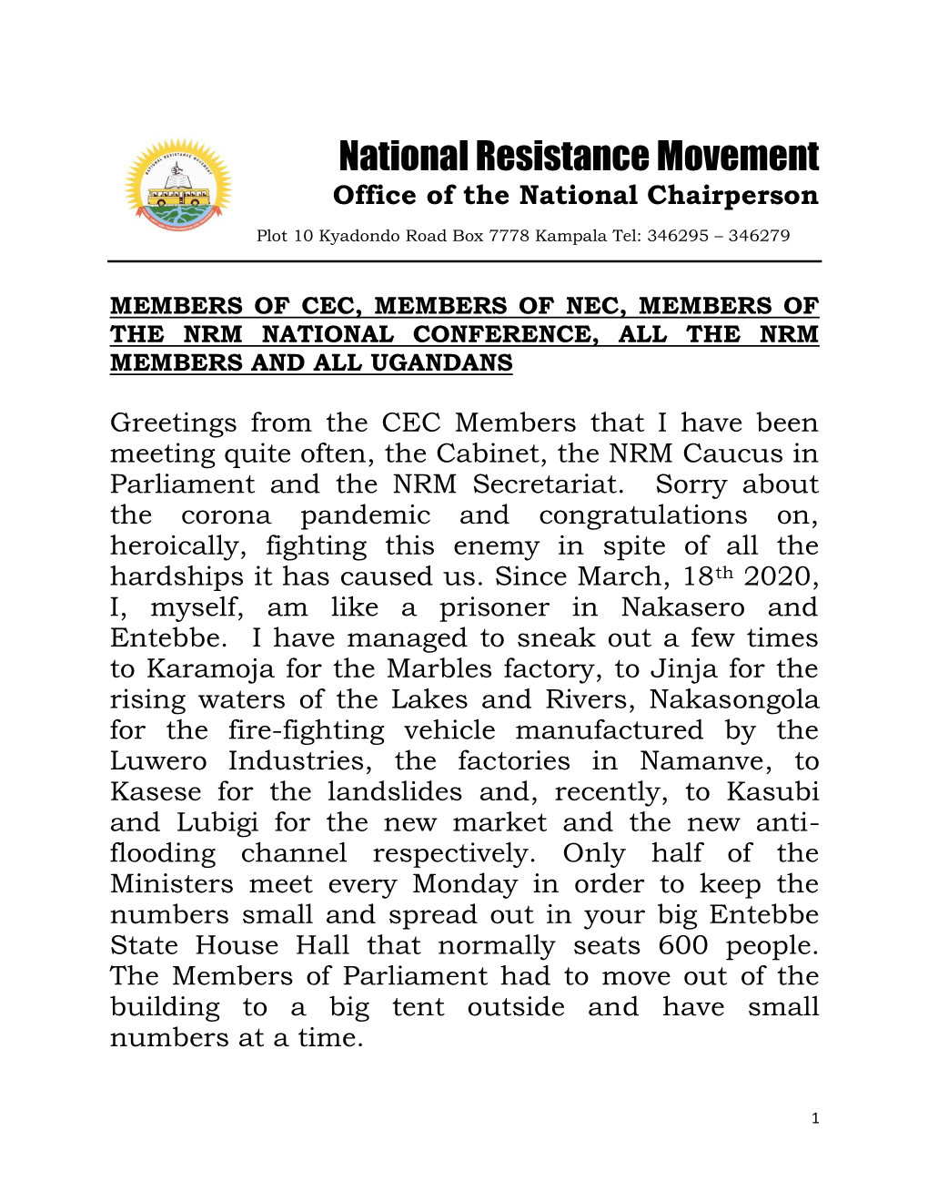 National Resistance Movement Office of the National Chairperson