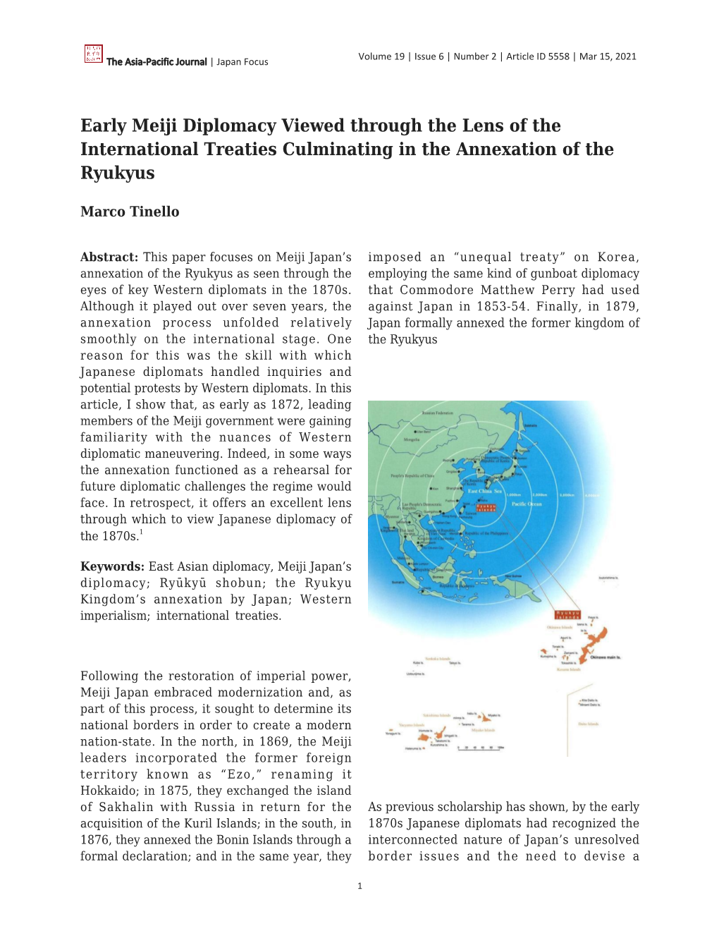 Early Meiji Diplomacy Viewed Through the Lens of the International Treaties Culminating in the Annexation of the Ryukyus