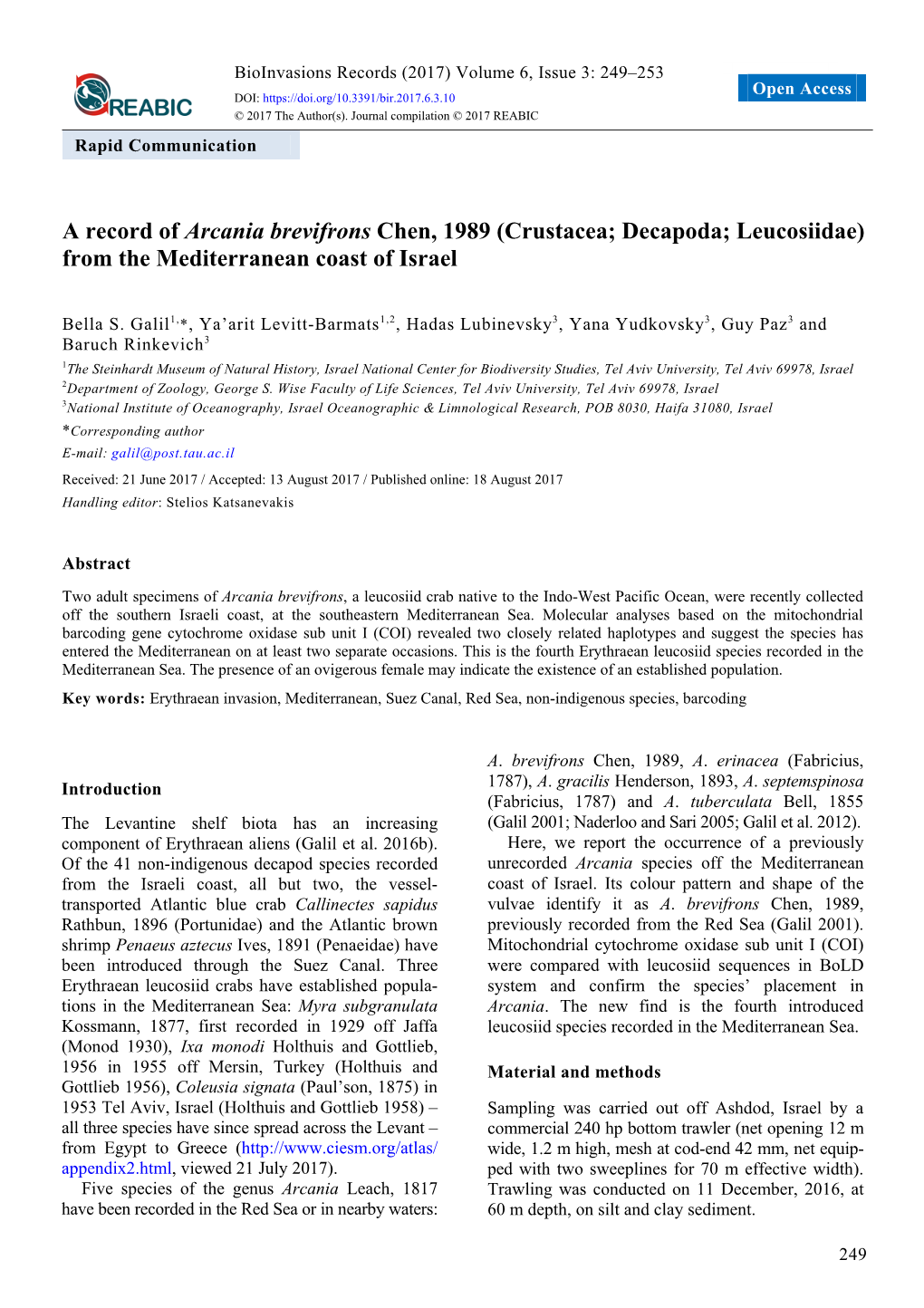 A Record of Arcania Brevifrons Chen, 1989 (Crustacea; Decapoda; Leucosiidae) from the Mediterranean Coast of Israel