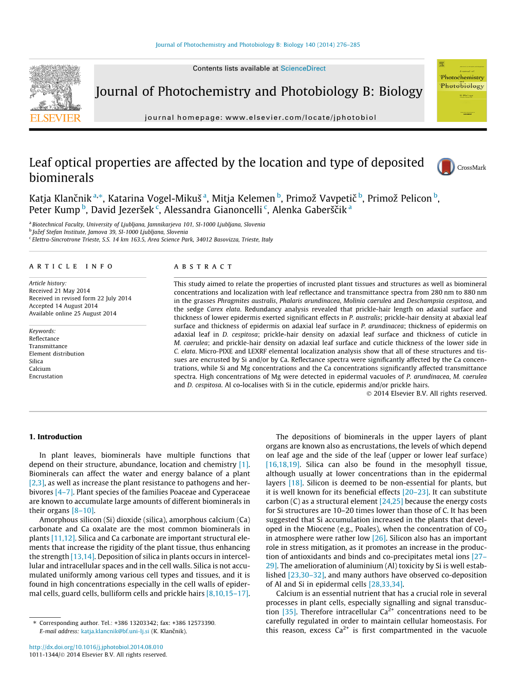 Leaf Optical Properties Are Affected by the Location and Type of Deposited Biominerals