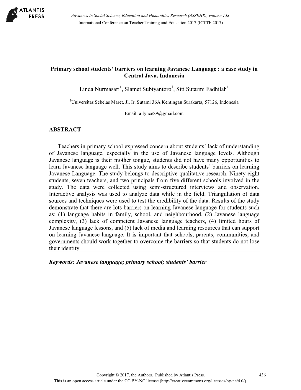 Primary School Students' Barriers on Learning Javanese Language