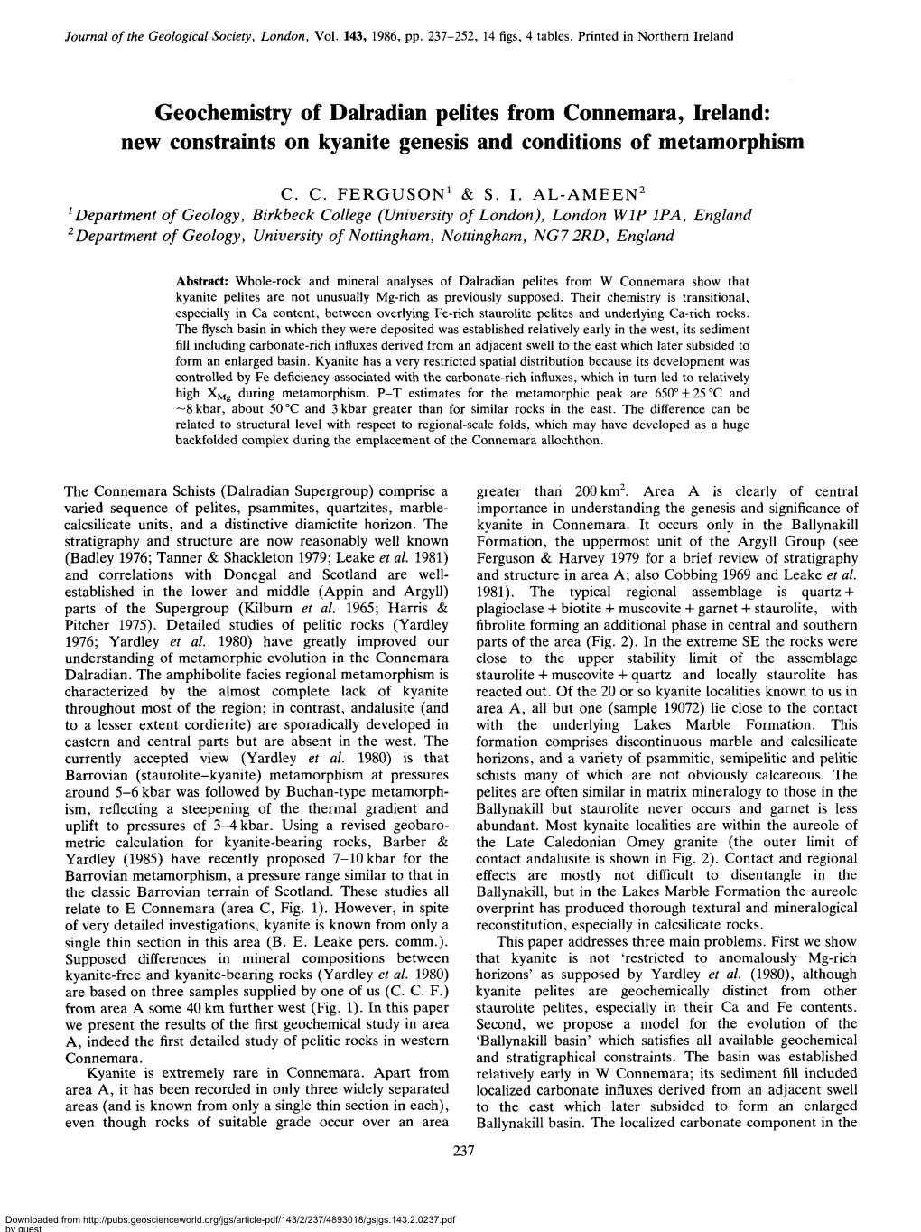 Geochemistry of Dalradian Pelites from Connemara, Ireland: New Constraints on Kyanite Genesis and Conditions of Metamorphism