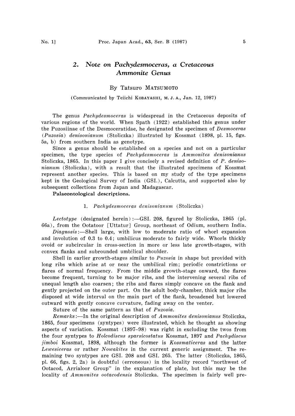 2. Note on Pachydesmoceras, a Cretaceous Ammonite Genus By