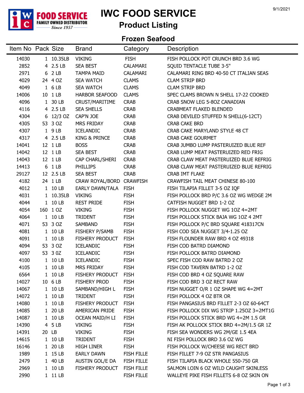 A Complete Listing of Our Frozen Seafood Items