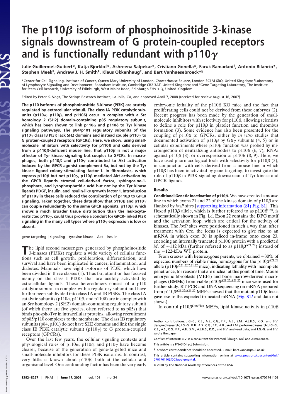 The P110 Isoform of Phosphoinositide 3-Kinase Signals Downstream of G