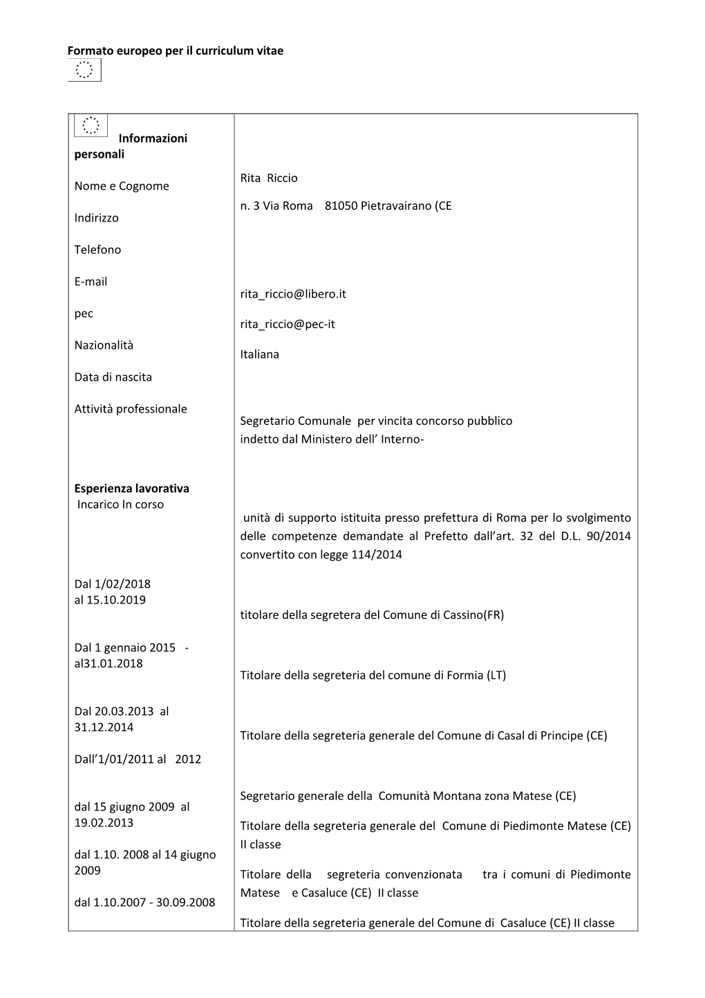 Formato Europeo Per Il Curriculum Vitae