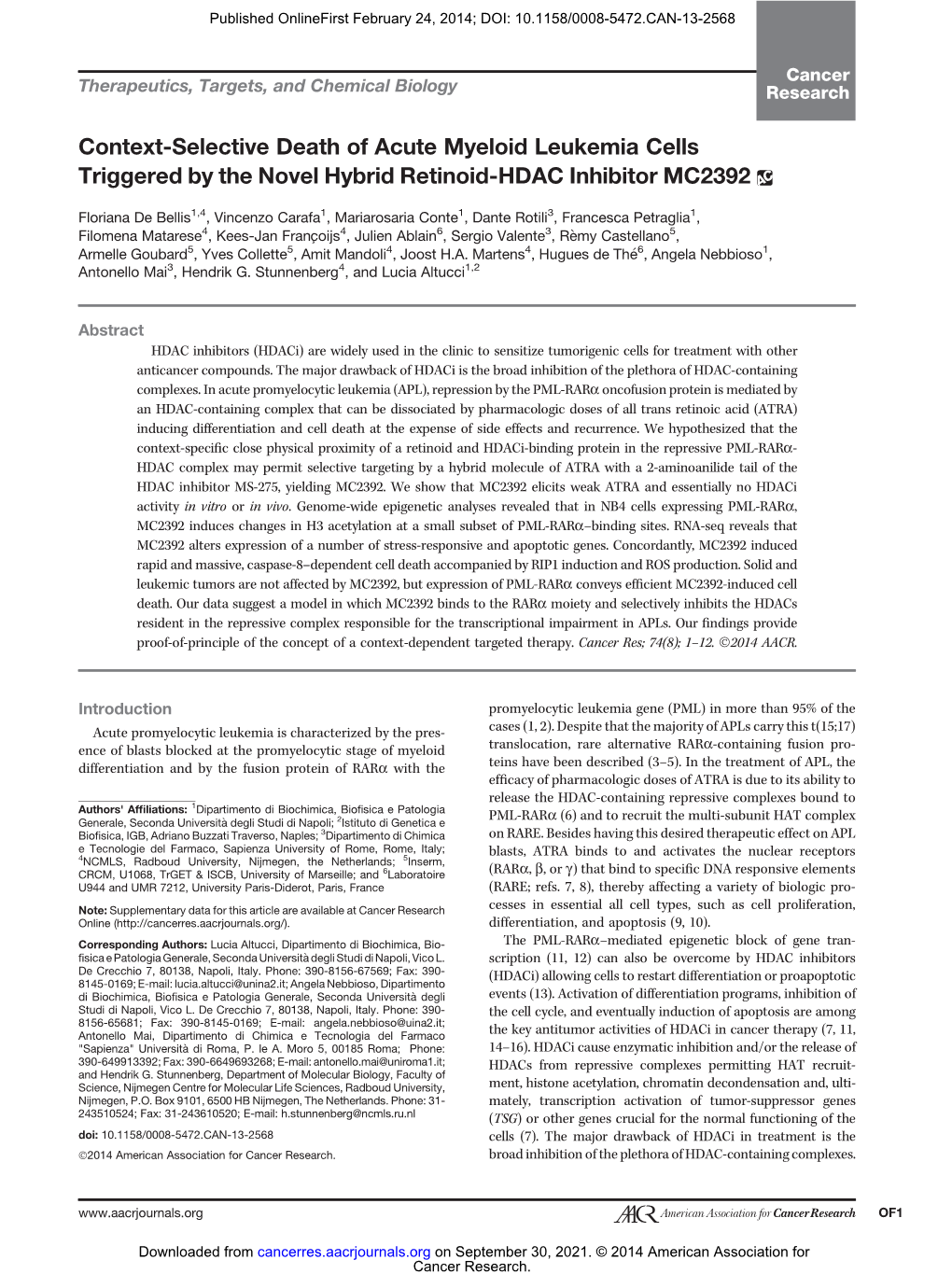 Context-Selective Death of Acute Myeloid Leukemia Cells Triggered by the Novel Hybrid Retinoid-HDAC Inhibitor MC2392