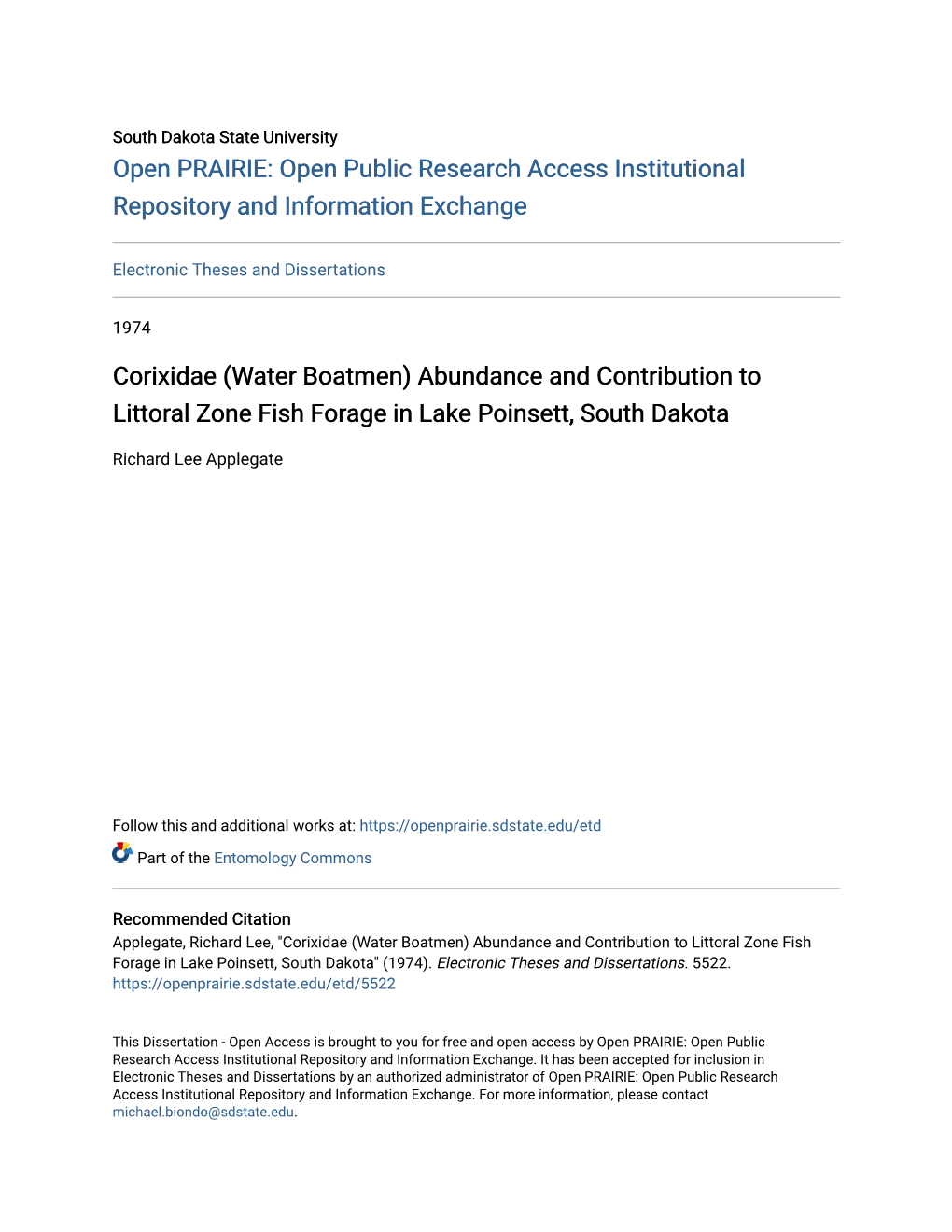 (Water Boatmen) Abundance and Contribution to Littoral Zone Fish Forage in Lake Poinsett, South Dakota