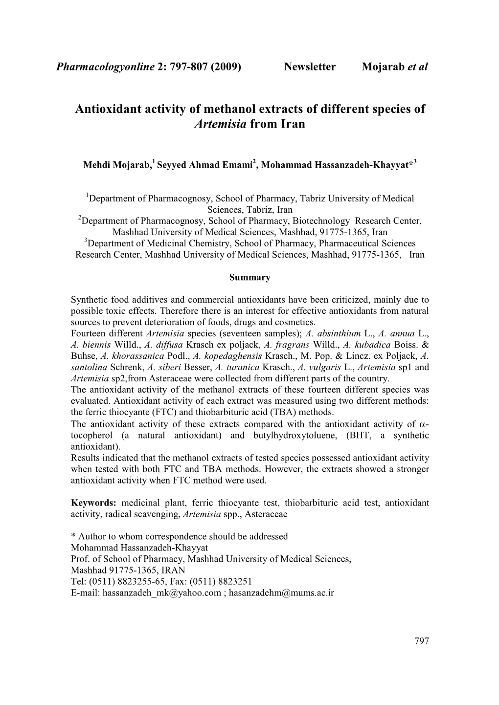 Antioxidant Activity of Methanol Extracts of Different Species of Artemisia from Iran