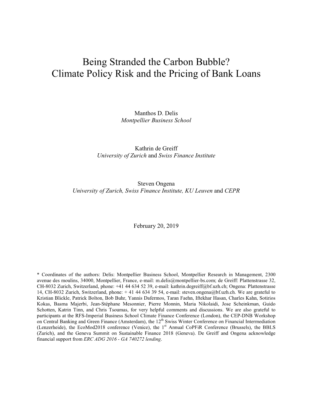 Being Stranded the Carbon Bubble? Climate Policy Risk and the Pricing of Bank Loans