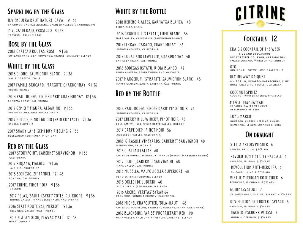 CITRINE Wine & Cocktail Menu 10.24.20