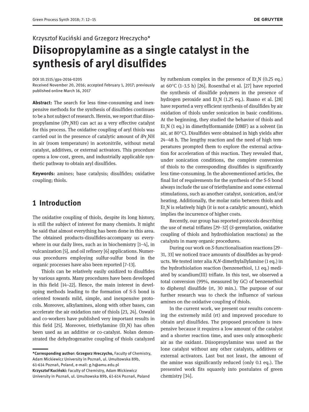 Diisopropylamine As a Single Catalyst in the Synthesis of Aryl Disulfides