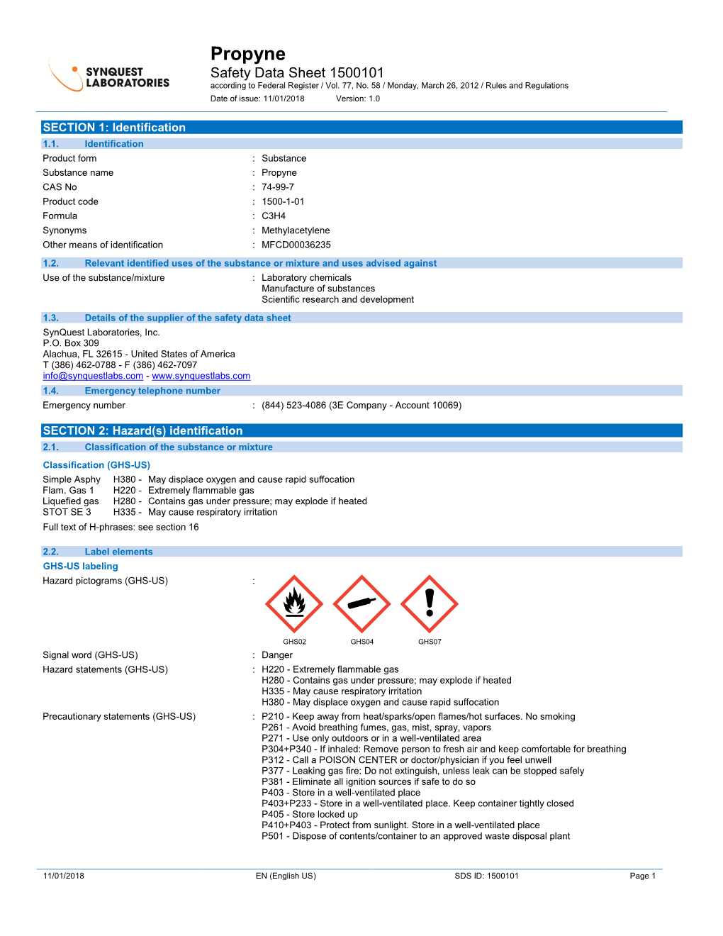 Propyne Safety Data Sheet 1500101 According to Federal Register / Vol