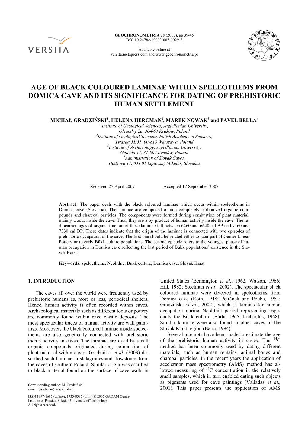 Age of Black Coloured Laminae Within Speleothems from Domica Cave and Its Significance for Dating of Prehistoric Human Settlement