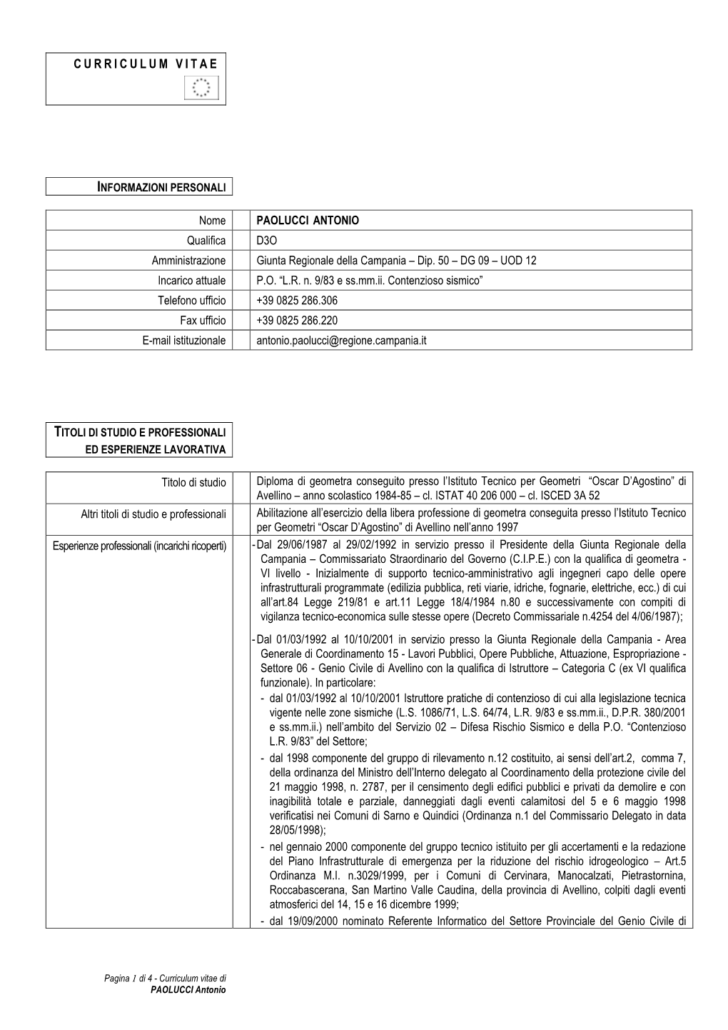 PAOLUCCI ANTONIO Qualifica D3O Amministrazione Giunta Regionale Della Campania – Dip