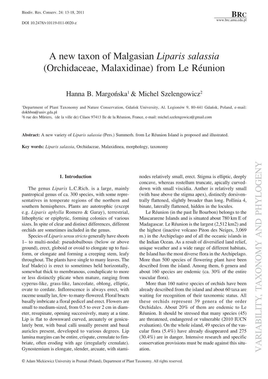 A New Taxon of Malgasian Liparis Salassia (Orchidaceae, Malaxidinae) from Le Rèunion