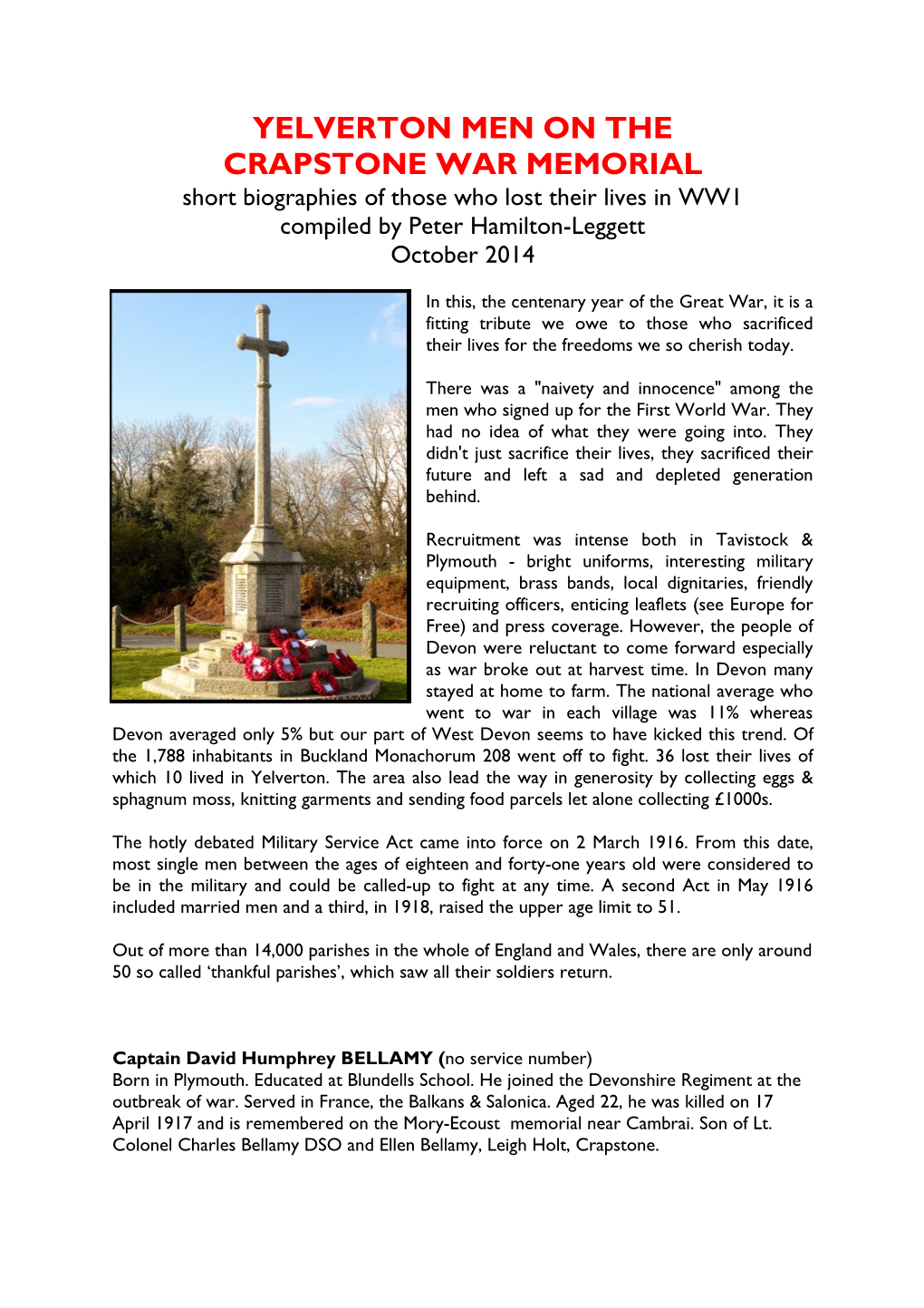 YELVERTON MEN on the CRAPSTONE WAR MEMORIAL Short Biographies of Those Who Lost Their Lives in WW1 Compiled by Peter Hamilton-Leggett October 2014
