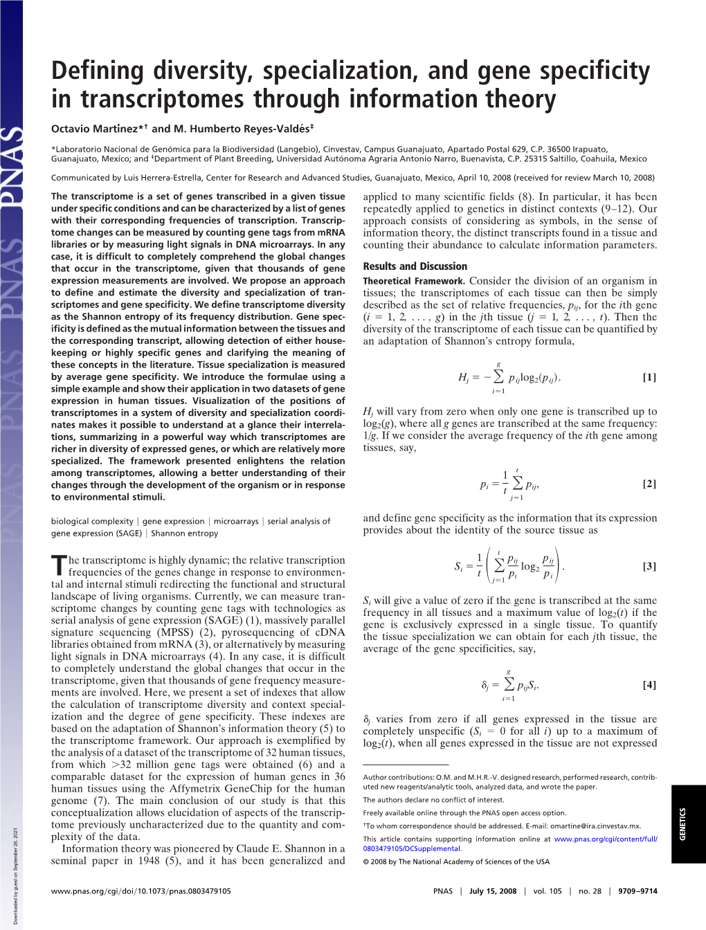 Defining Diversity, Specialization, and Gene Specificity in Transcriptomes Through Information Theory