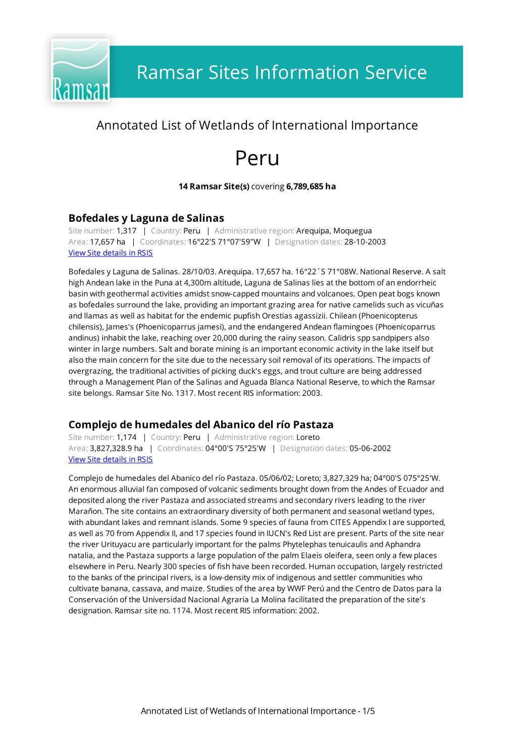 Annotated List of Wetlands of International Importance Peru