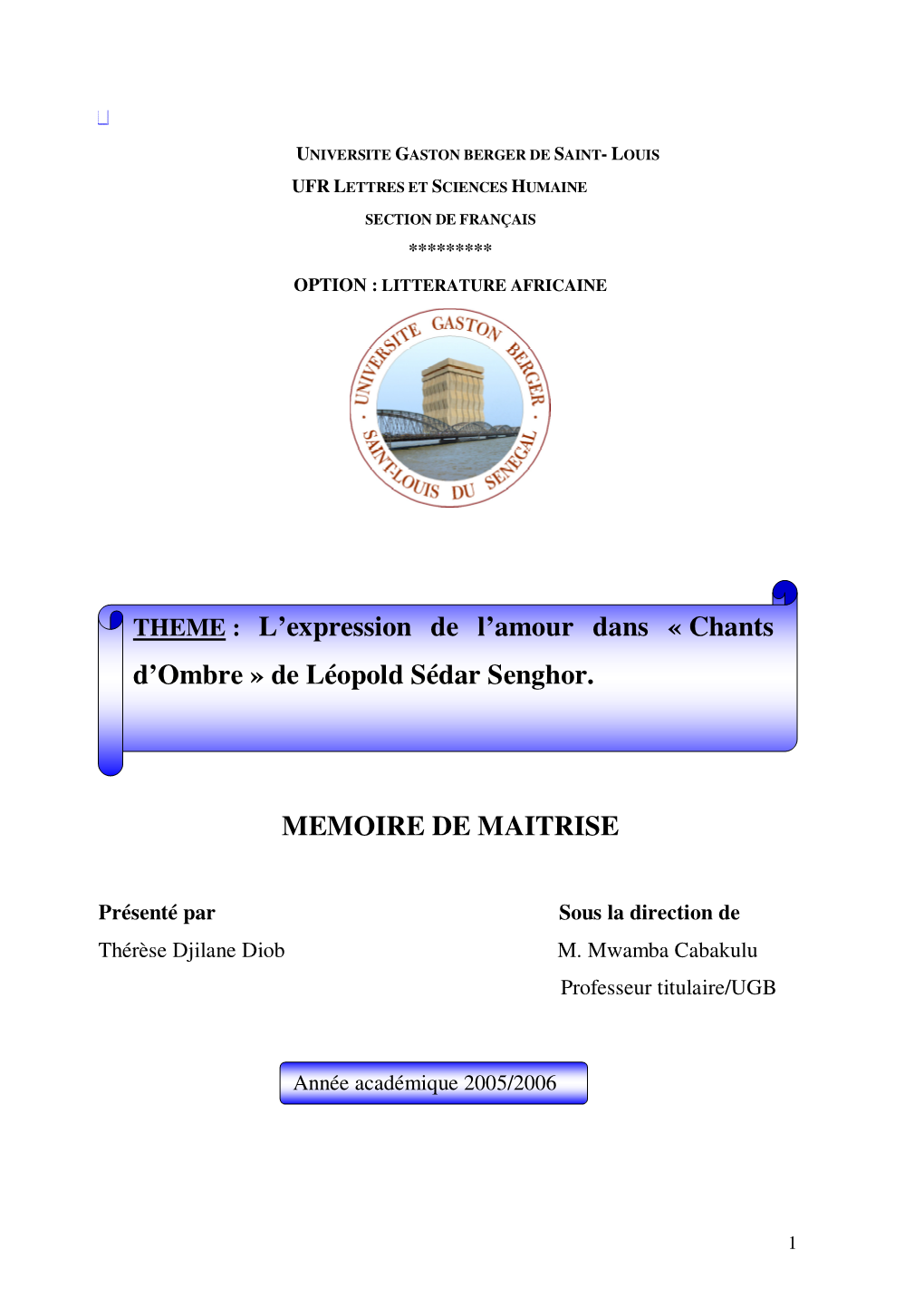 Chants D'ombre » De Léopold Sédar Senghor