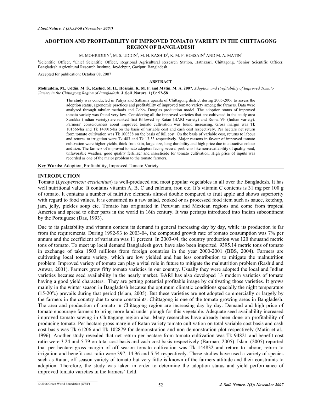 Adoption and Profitability of Improved Tomato Variety in the Chittagong Region of Bangladesh