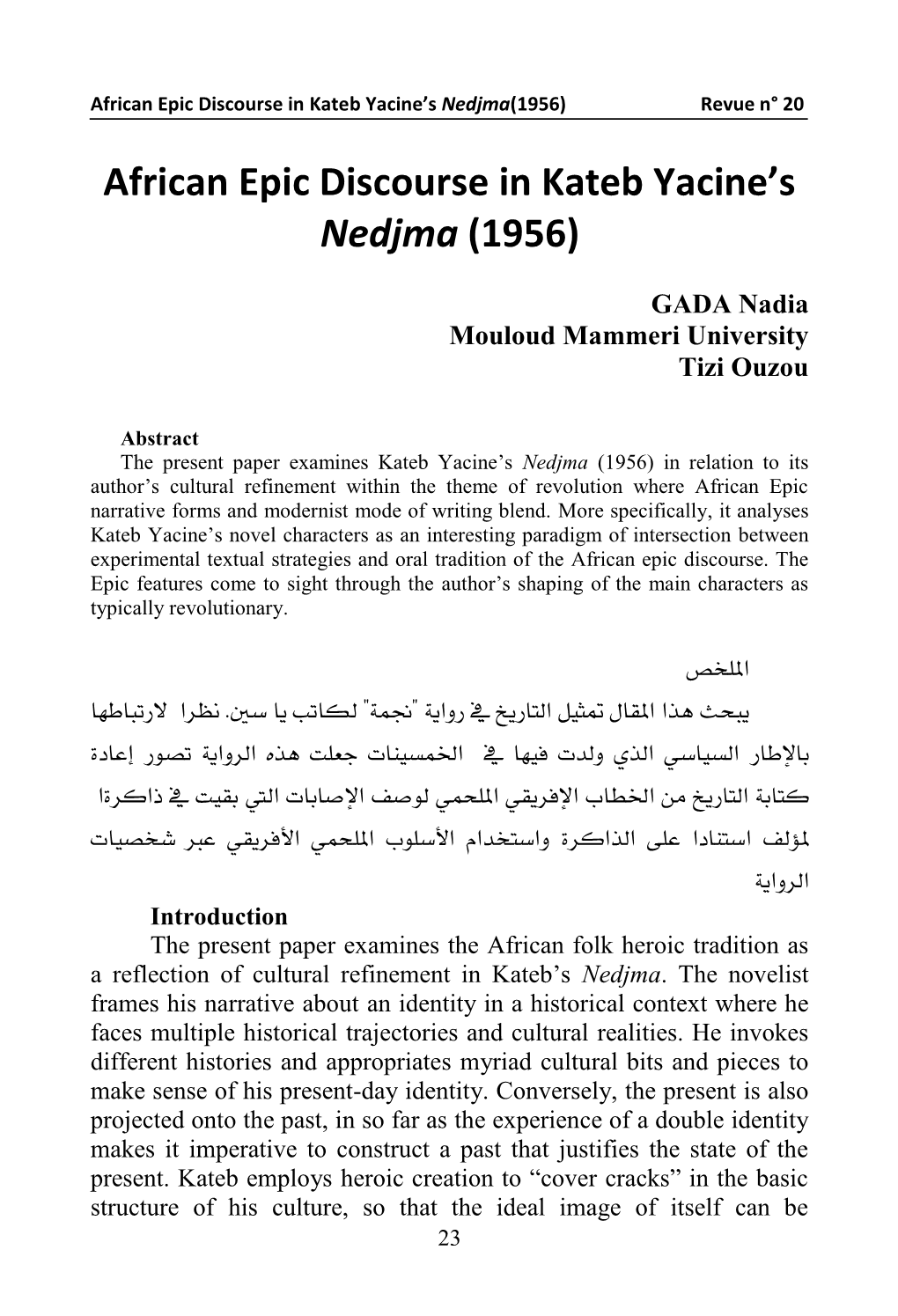 African Epic Discourse in Kateb Yacine's Nedjma