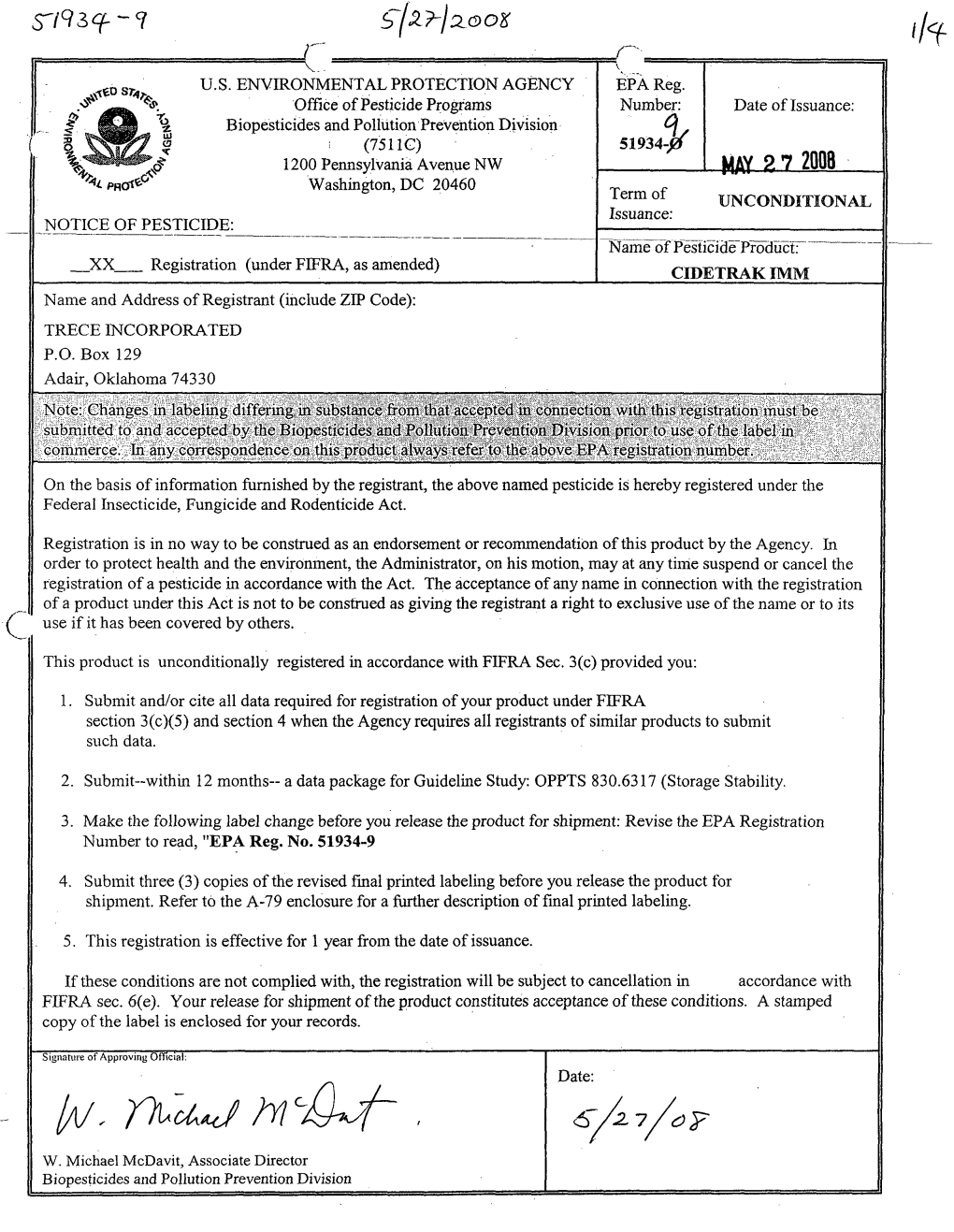 U.S. EPA, Pesticides, Label, CIDETRAK IMM, 5/27/2008