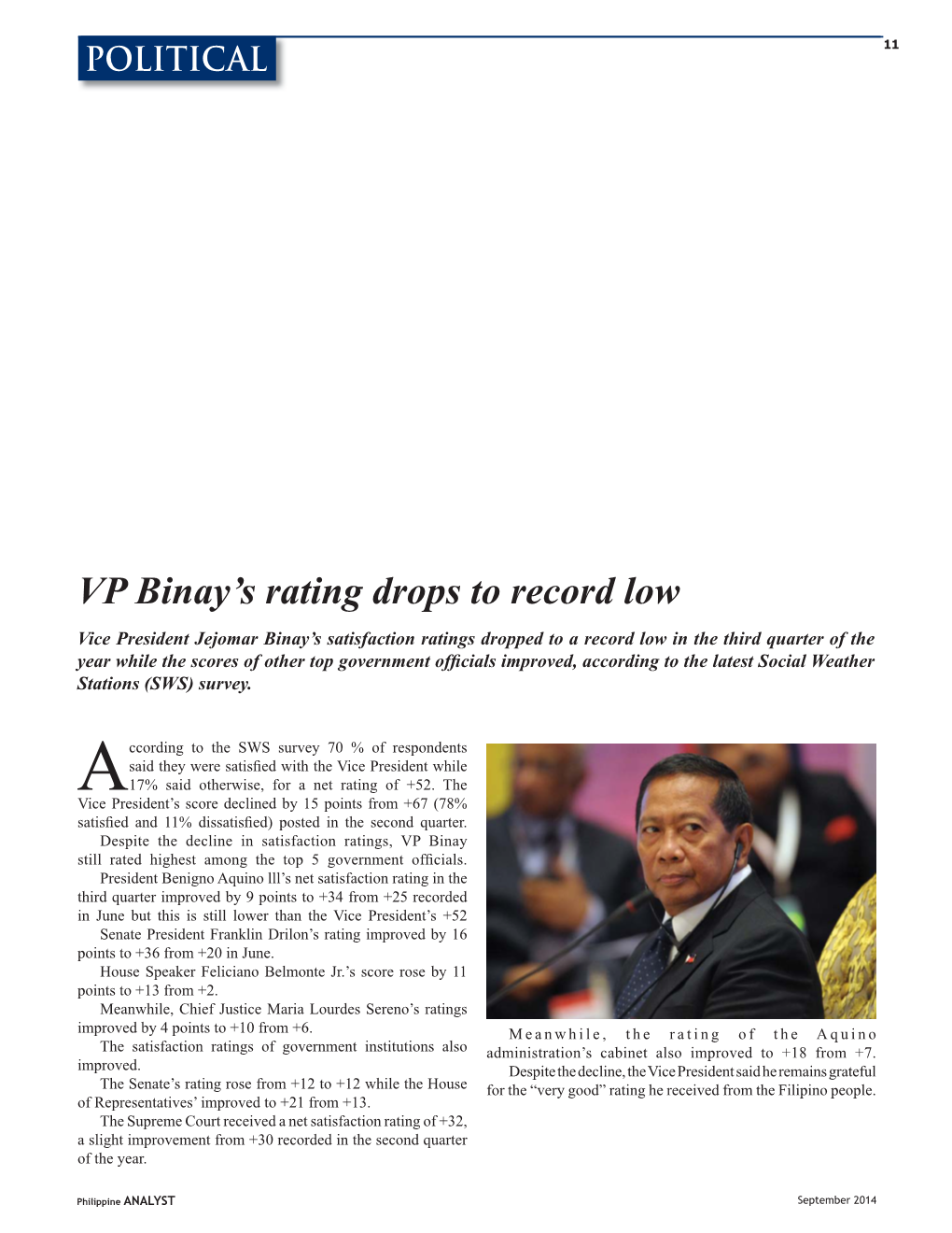 VP Binay's Rating Drops to Record
