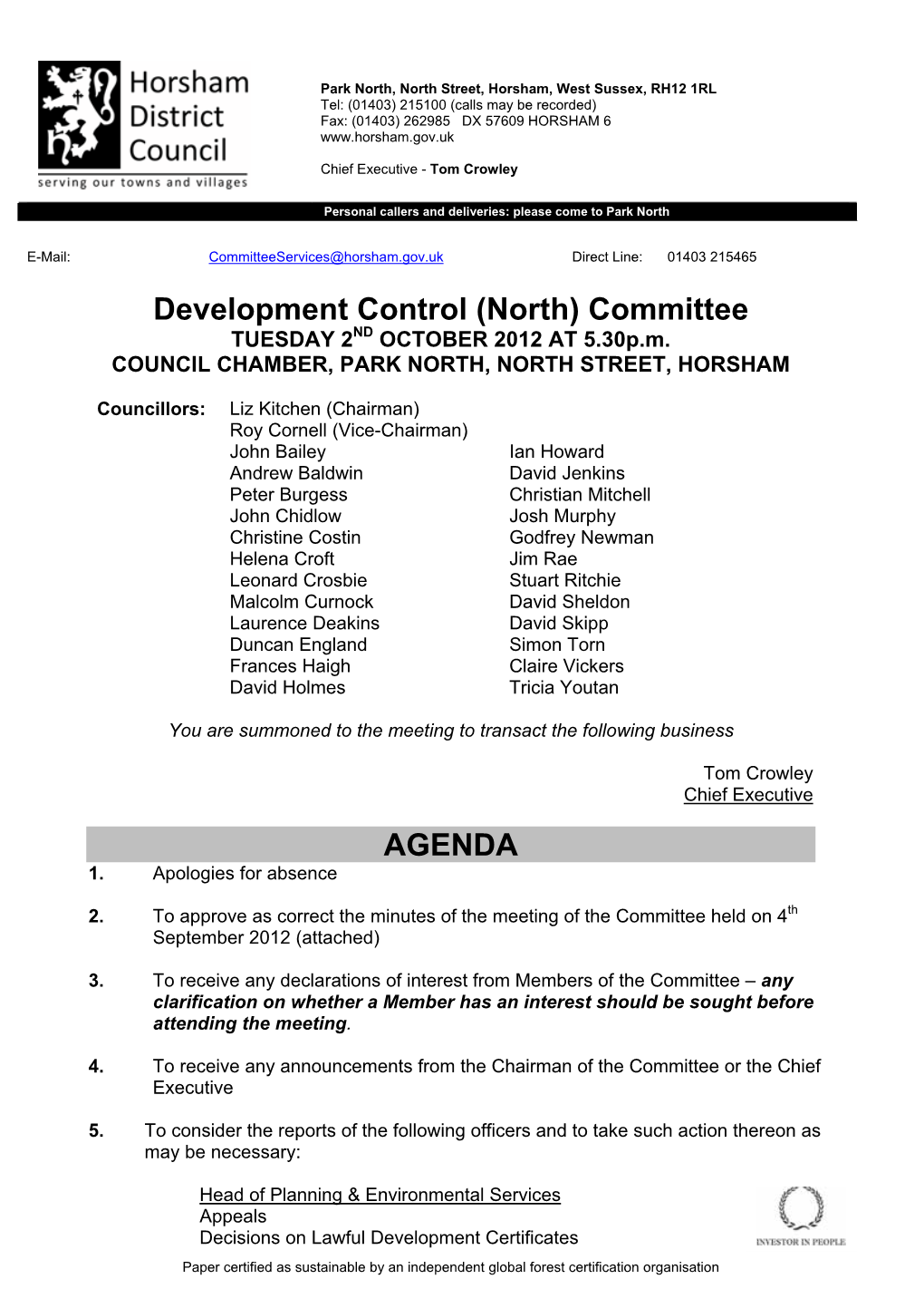 Development Control (North) Committee TUESDAY 2ND OCTOBER 2012 at 5.30P.M