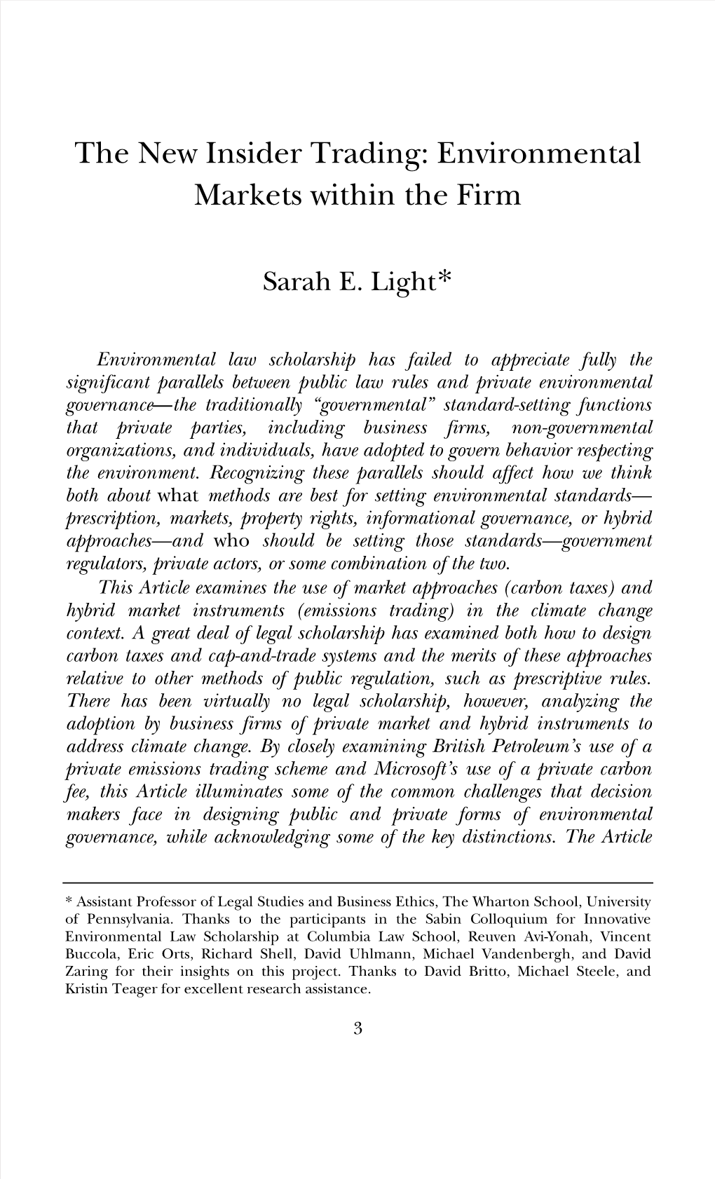 The New Insider Trading: Environmental Markets Within the Firm