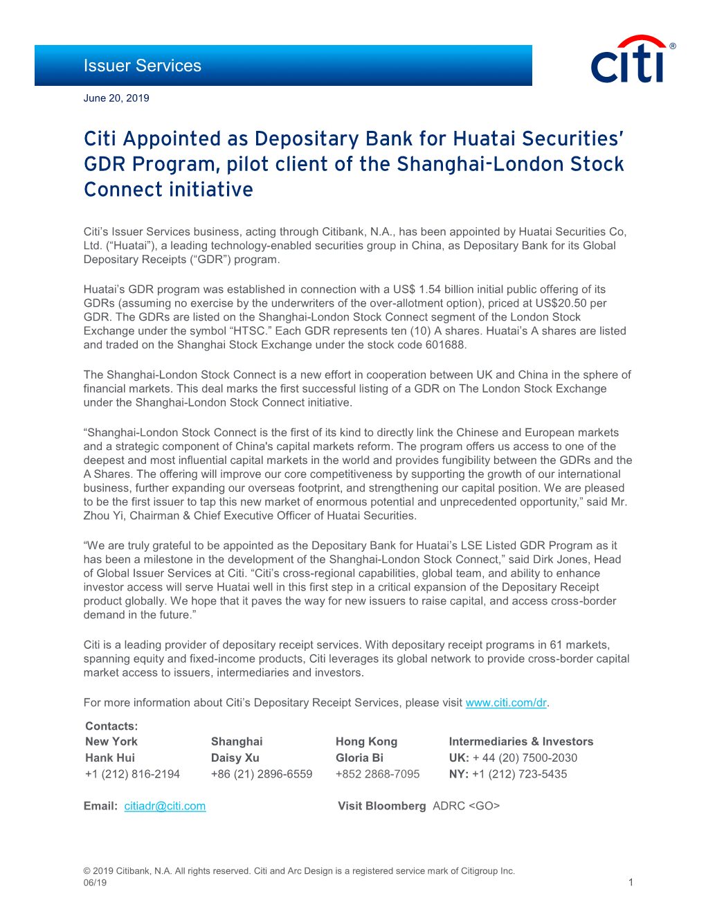 Citi Appointed As Depositary Bank for Huatai Securities' GDR Program
