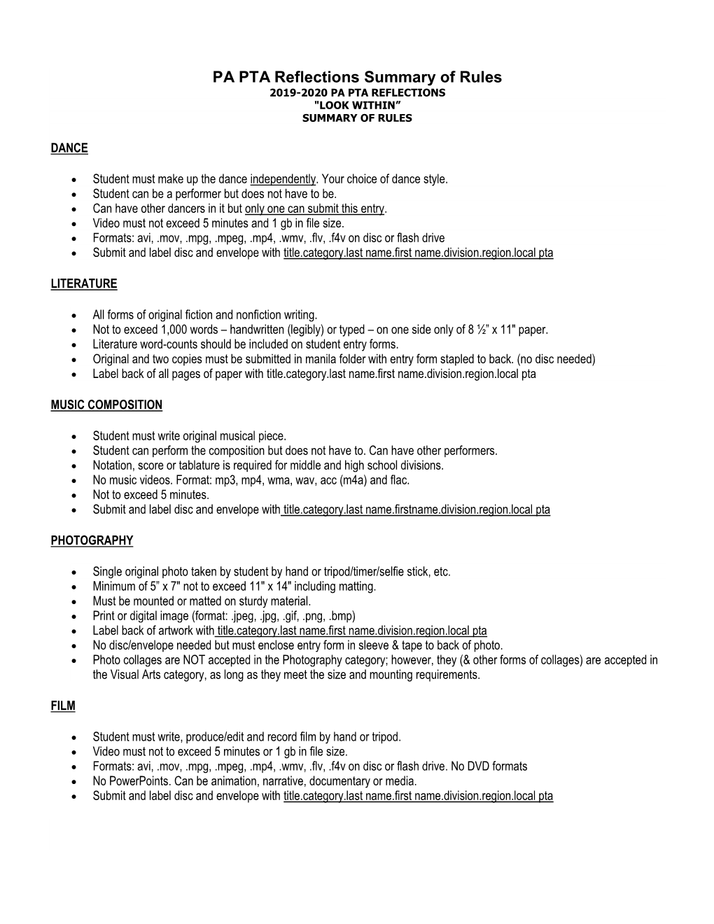 PA PTA Reflections Summary of Rules 2019-2020 PA PTA REFLECTIONS 