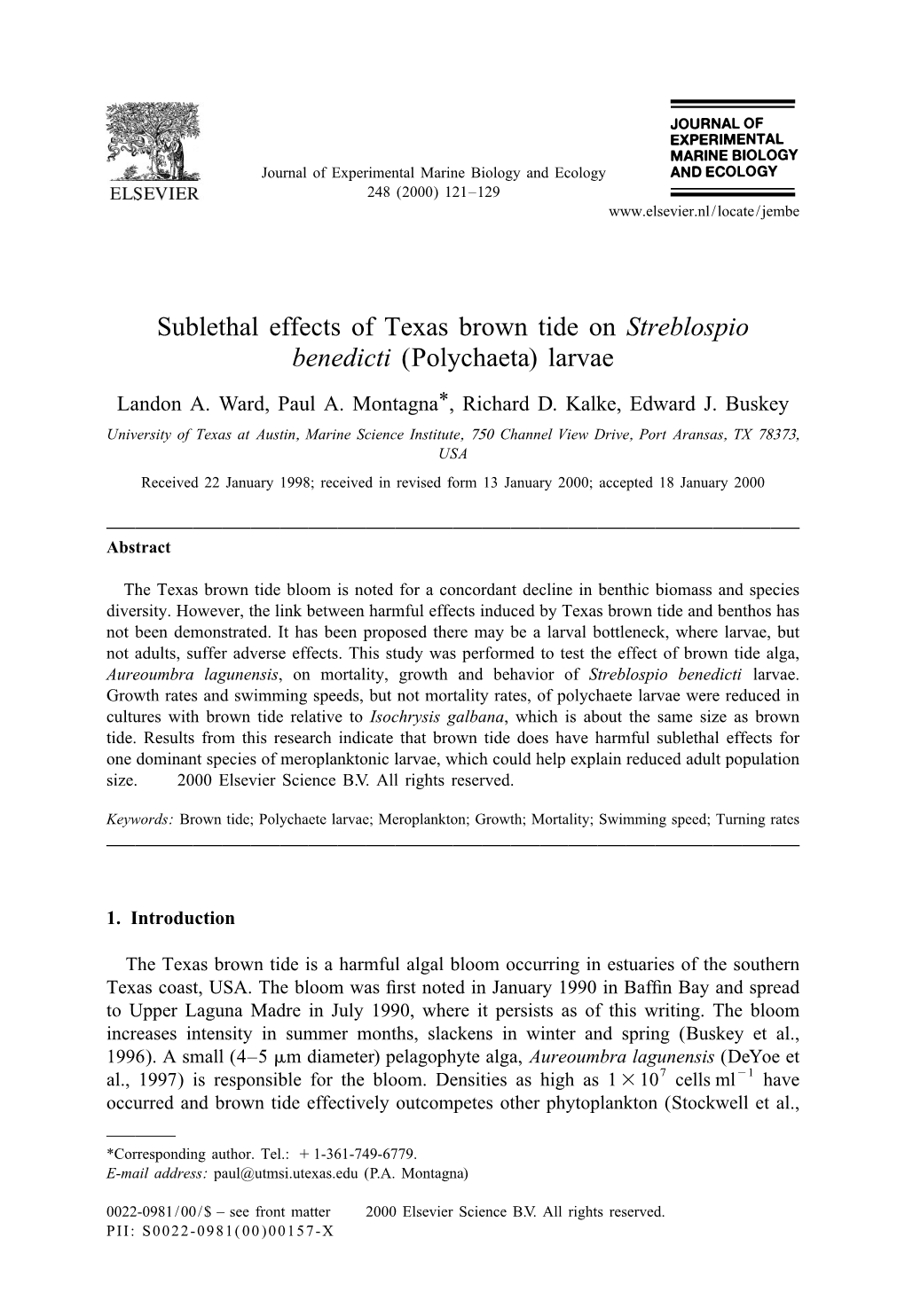 Sublethal Effects of Texas Brown Tide on Streblospio Benedicti (Polychaeta) Larvae