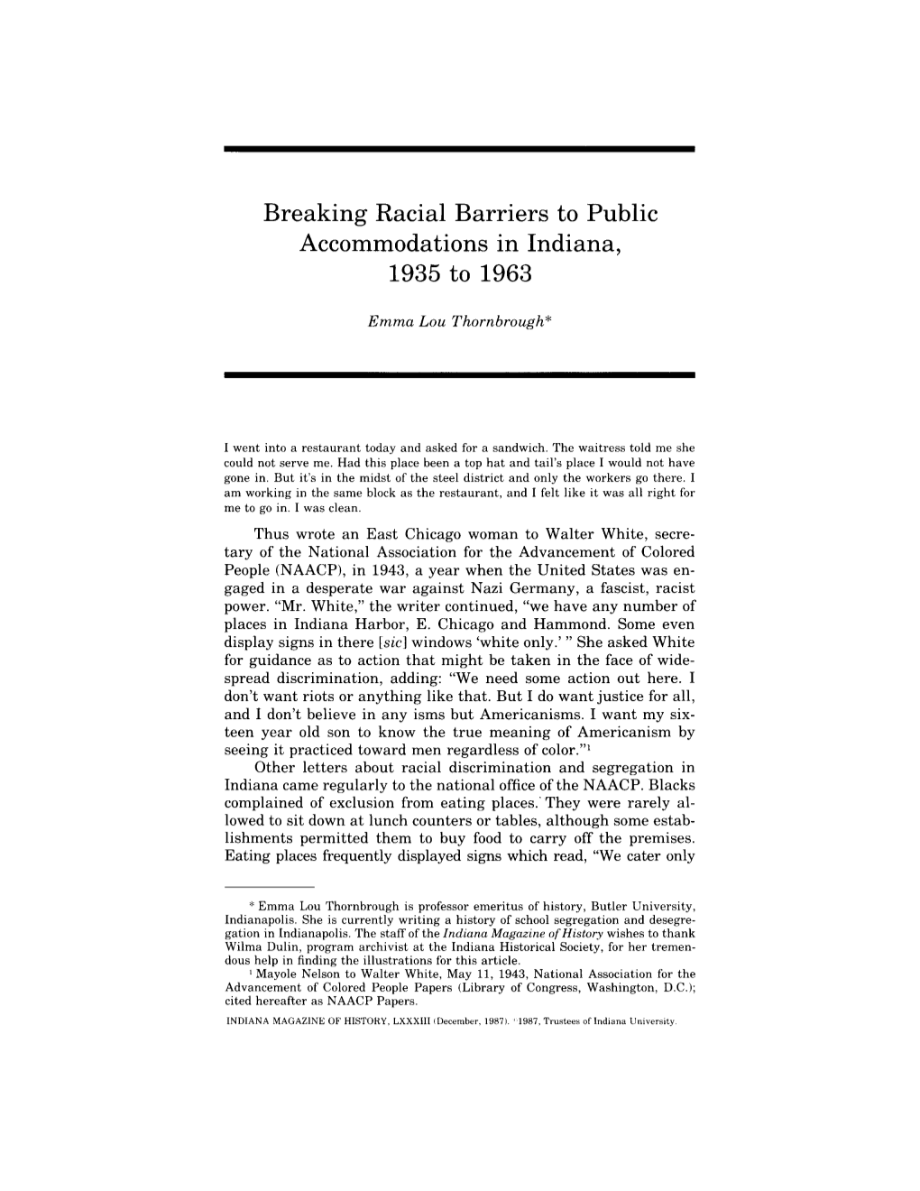 Breaking Racial Barriers to Public Accommodations in Indiana, 1935 to 1963