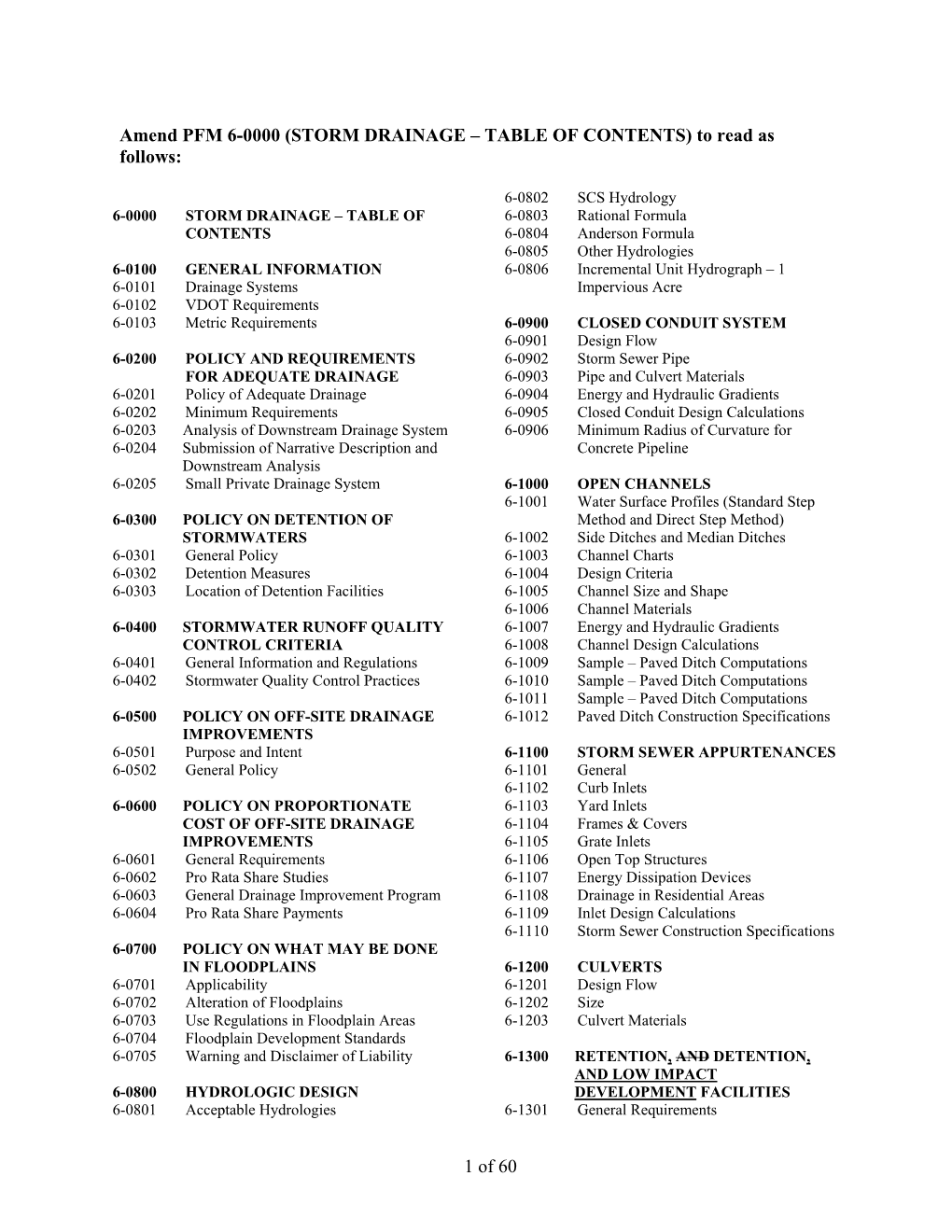 Amend PFM 6-0000 (STORM DRAINAGE – TABLE of CONTENTS) to Read As Follows