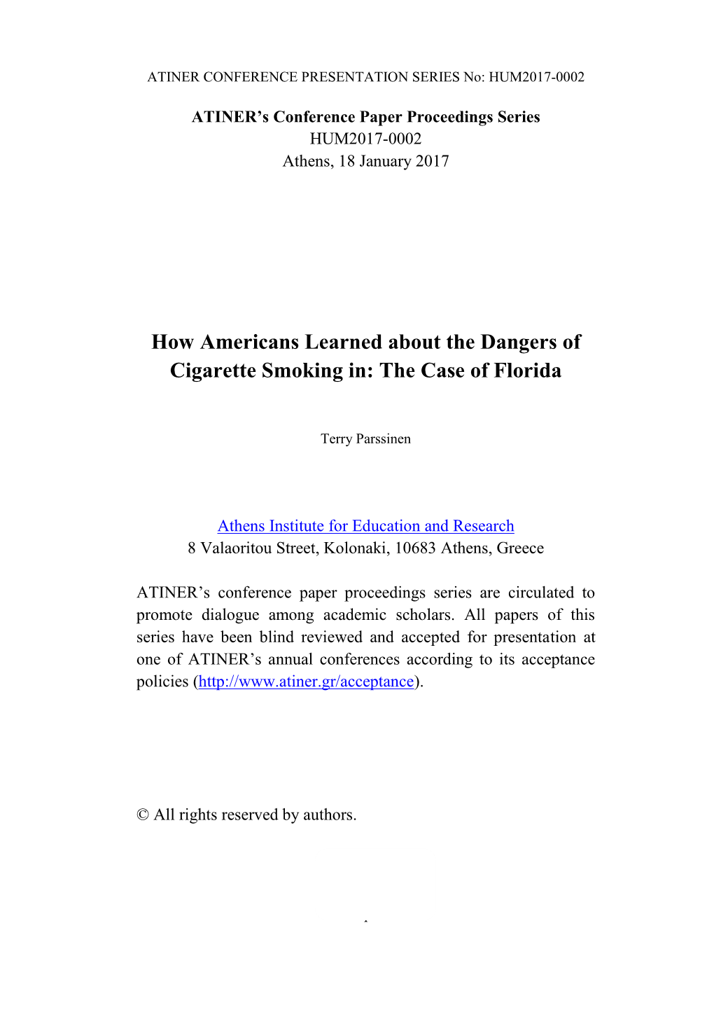 How Americans Learned About the Dangers of Cigarette Smoking In: the Case of Florida