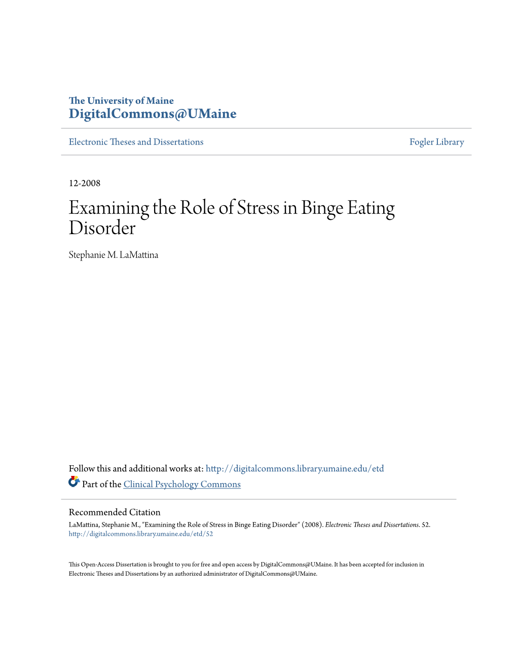 Examining the Role of Stress in Binge Eating Disorder Stephanie M