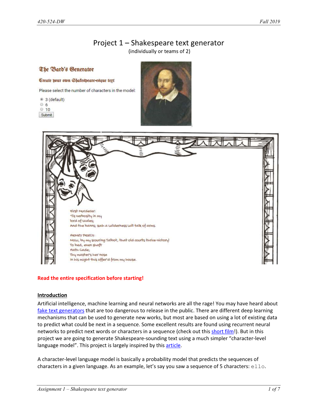 Shakespeare Text Generator (Individually Or Teams of 2)