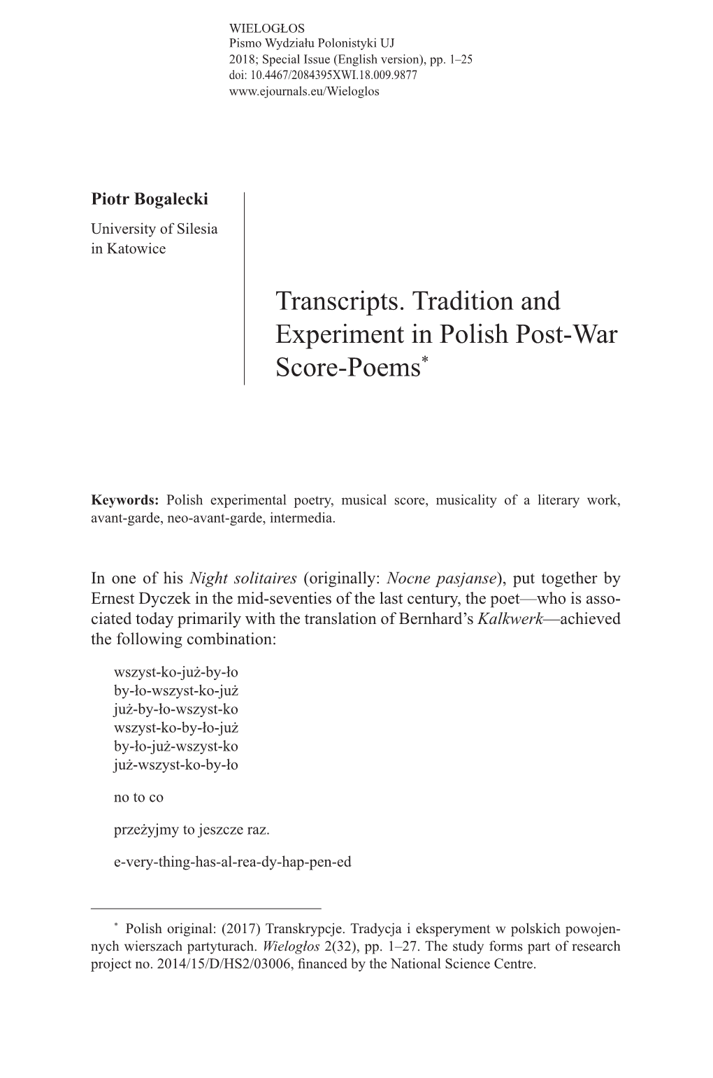 Transcripts. Tradition and Experiment in Polish Post-War Score-Poems*