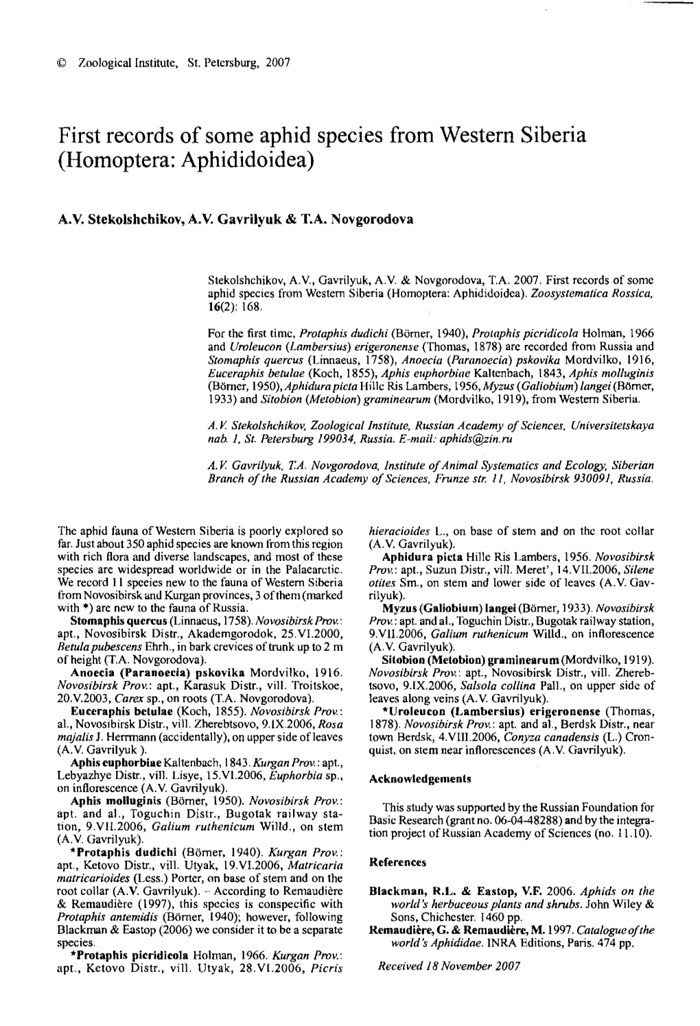 First Records of Some Aphid Species from Western Siberia (Homoptera: Aphididoidea)