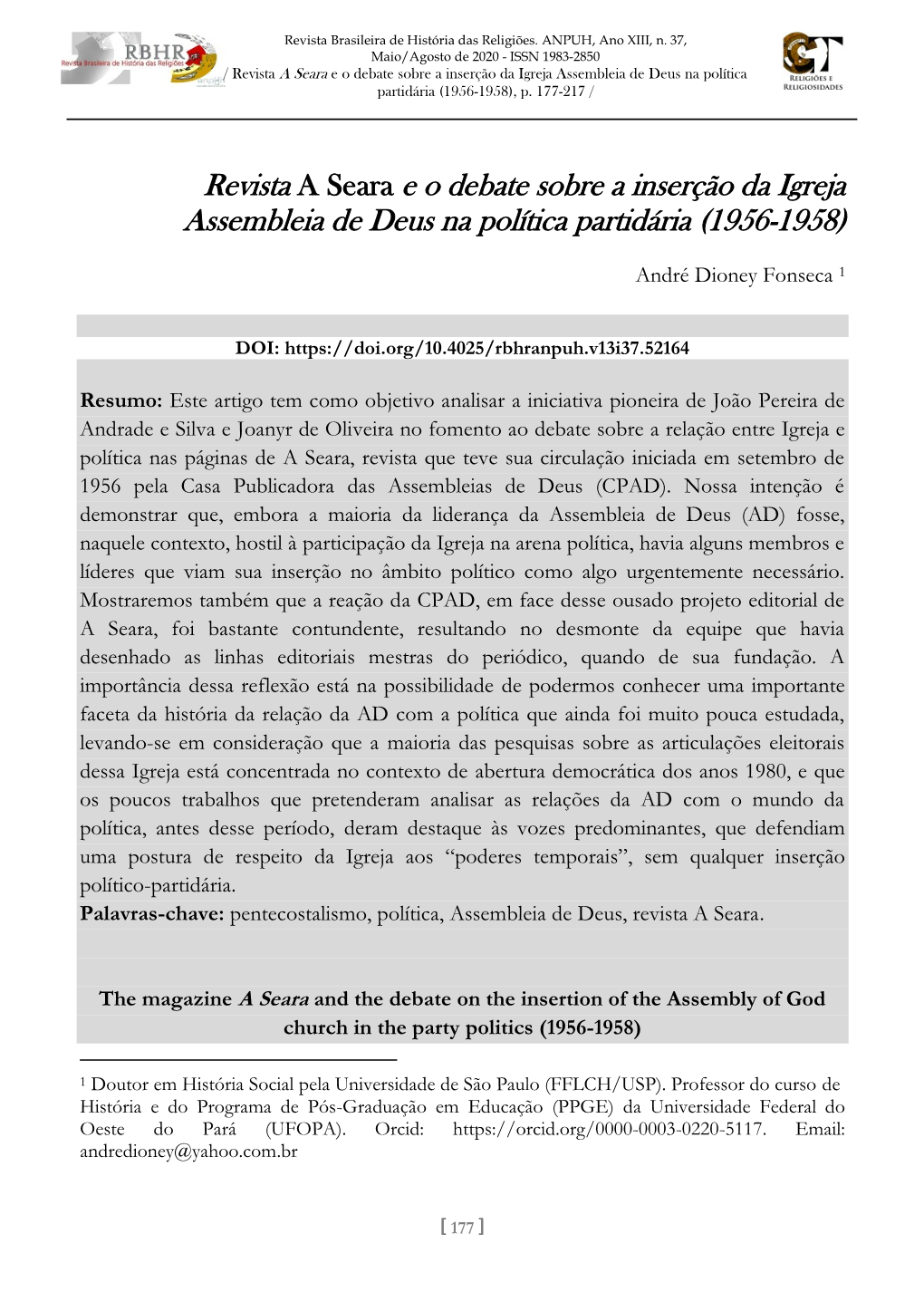 Revista a Seara E O Debate Sobre a Inserção Da Igreja Assembleia De Deus Na Política Partidária (1956-1958), P