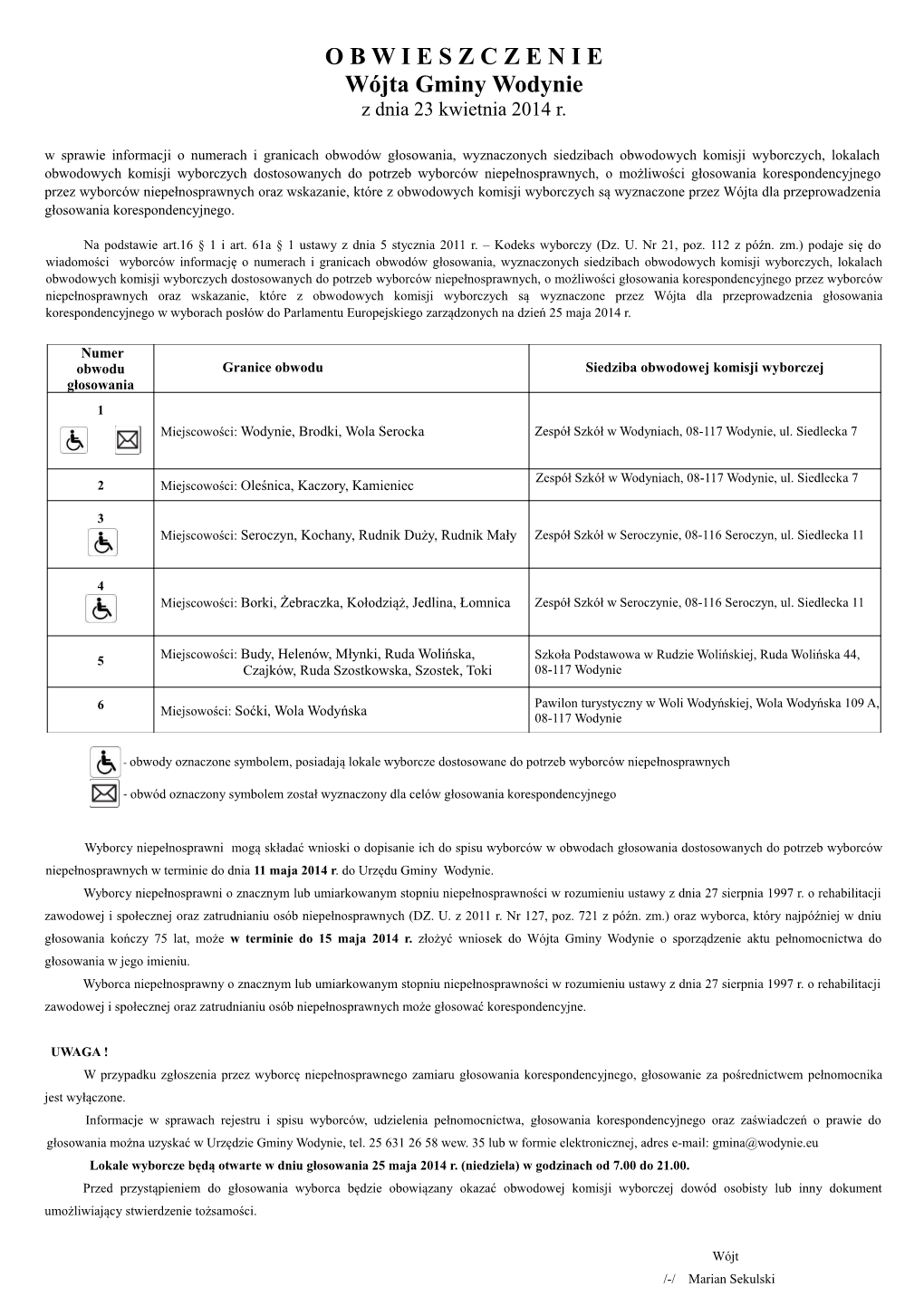 O B W I E S Z C Z E N I E Wójta Gminy Wodynie Z Dnia 23 Kwietnia 2014 R